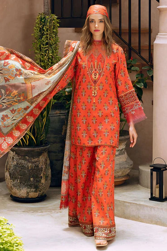 3 Piece Unstitched Digital Printed Orange Khaddar Suit with Shawl-2