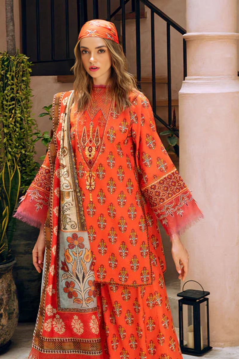 3 Piece Unstitched Digital Printed Orange Khaddar Suit with Shawl-2