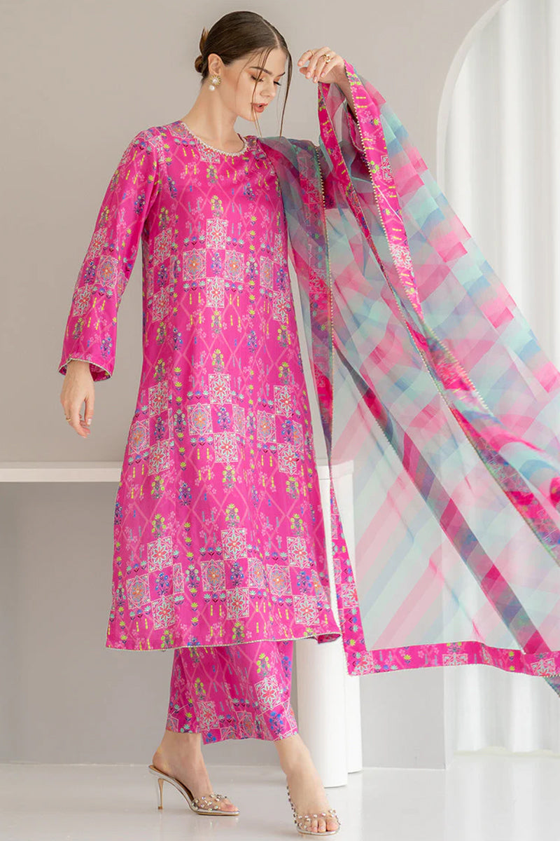 3 Piece Unstitched Digital Printed Pink Lawn Suit-2