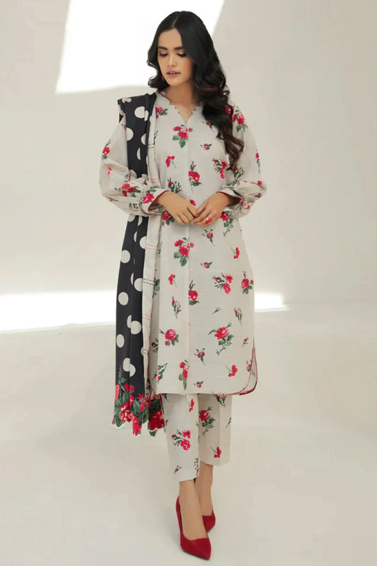 3 Piece Unstitched Digital Printed White Khaddar Suit with Shawl-1