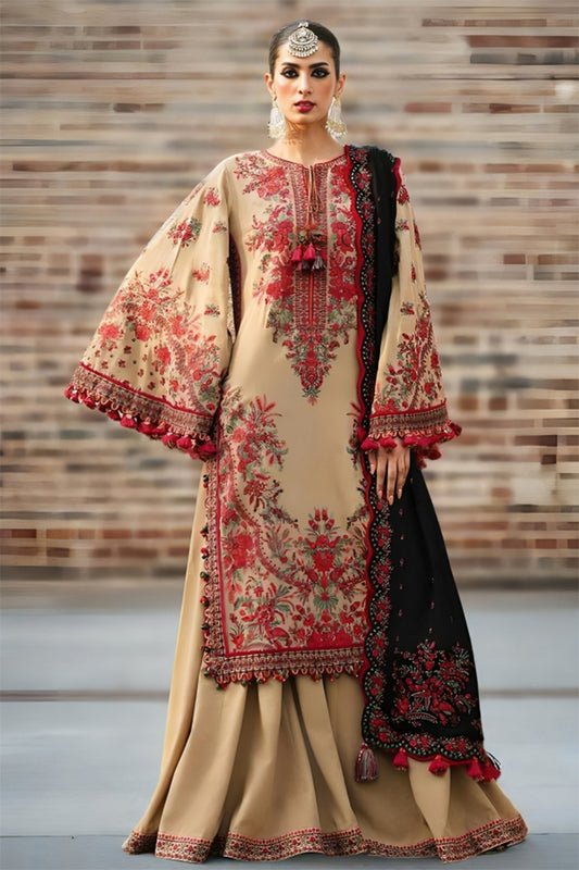 3 Piece Unstitched Embroidered Beige Dhanak Marina Suit with Shawl-1
