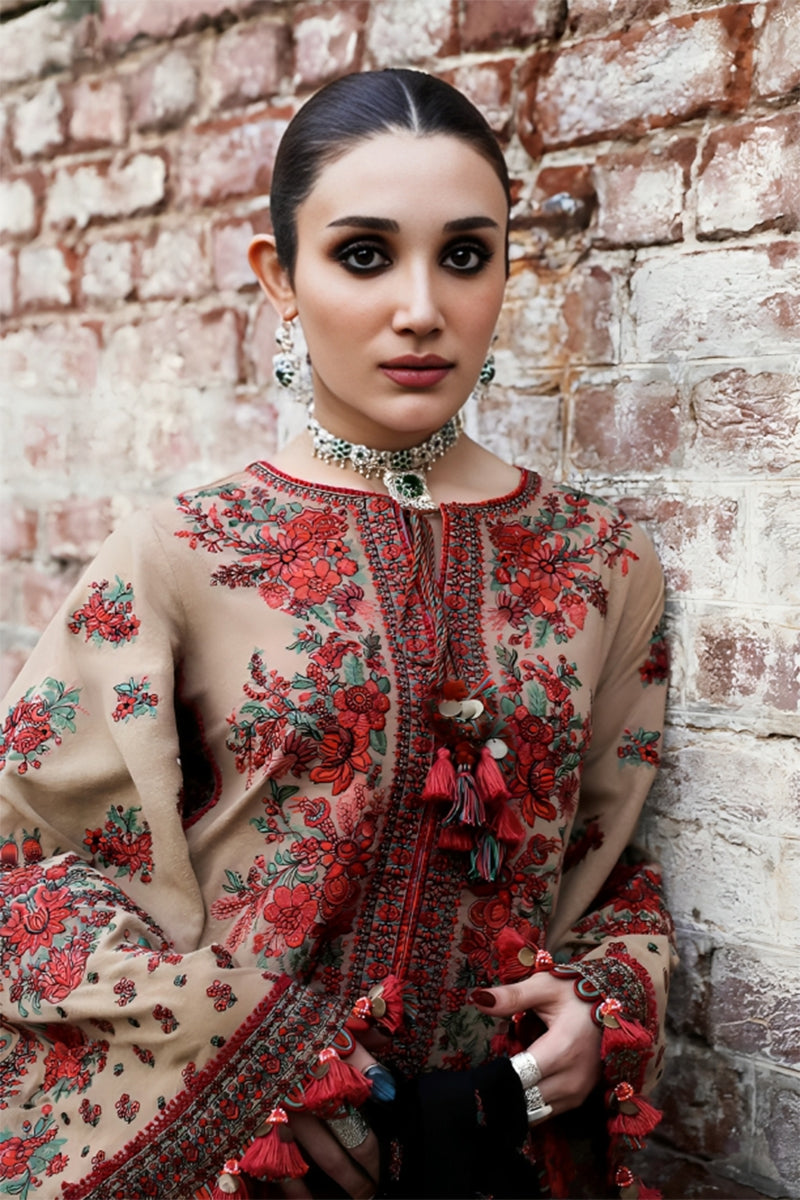 3 Piece Unstitched Embroidered Beige Dhanak Marina Suit with Shawl-1