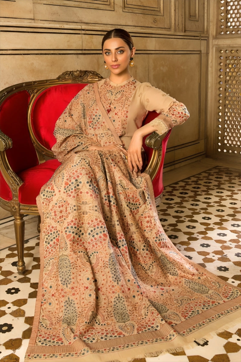 3 Piece Unstitched Embroidered Beige Dhanak Marina Suit with Shawl-2