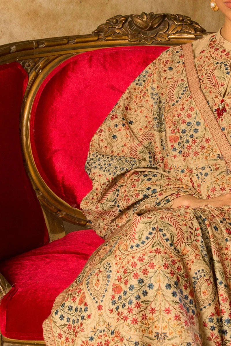 3 Piece Unstitched Embroidered Beige Dhanak Marina Suit with Shawl-2