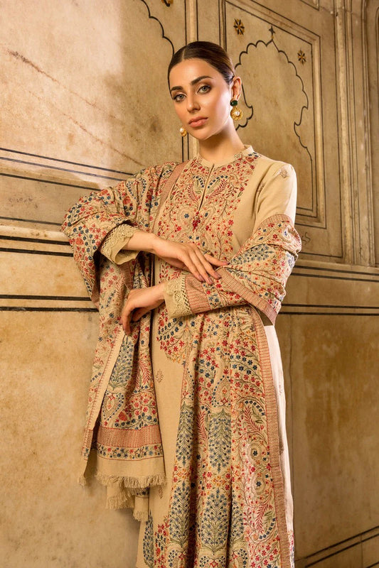 3 Piece Unstitched Embroidered Beige Dhanak Marina Suit with Shawl-2
