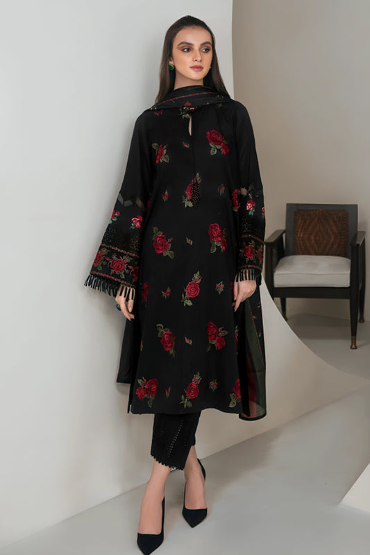 3 Piece Unstitched Embroidered Black Dhanak Marina Suit with Shawl-8