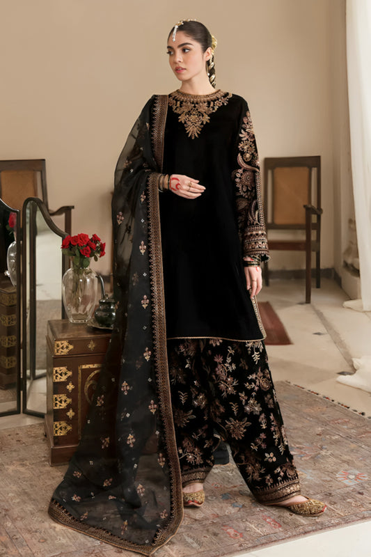 3 Piece Unstitched Embroidered Black Velvet Suit with Shawl-1