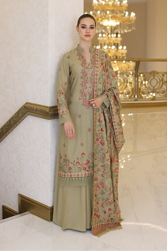 3 Piece Unstitched Embroidered Light Green Dhanak Marina Suit with Shawl-1
