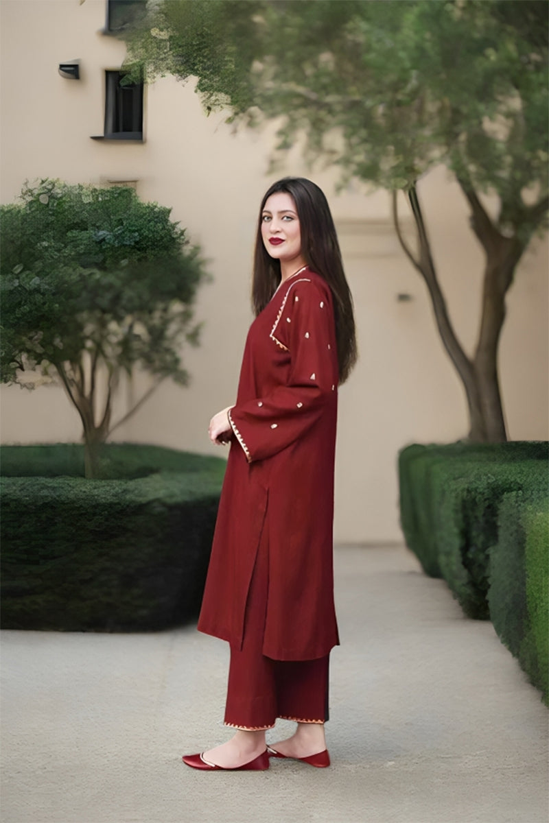 3 Piece Unstitched Embroidered Maroon Dhanak Marina Suit with Shawl-1
