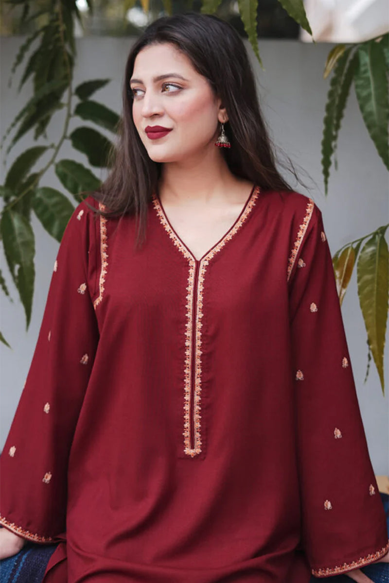 3 Piece Unstitched Embroidered Maroon Dhanak Marina Suit with Shawl-1