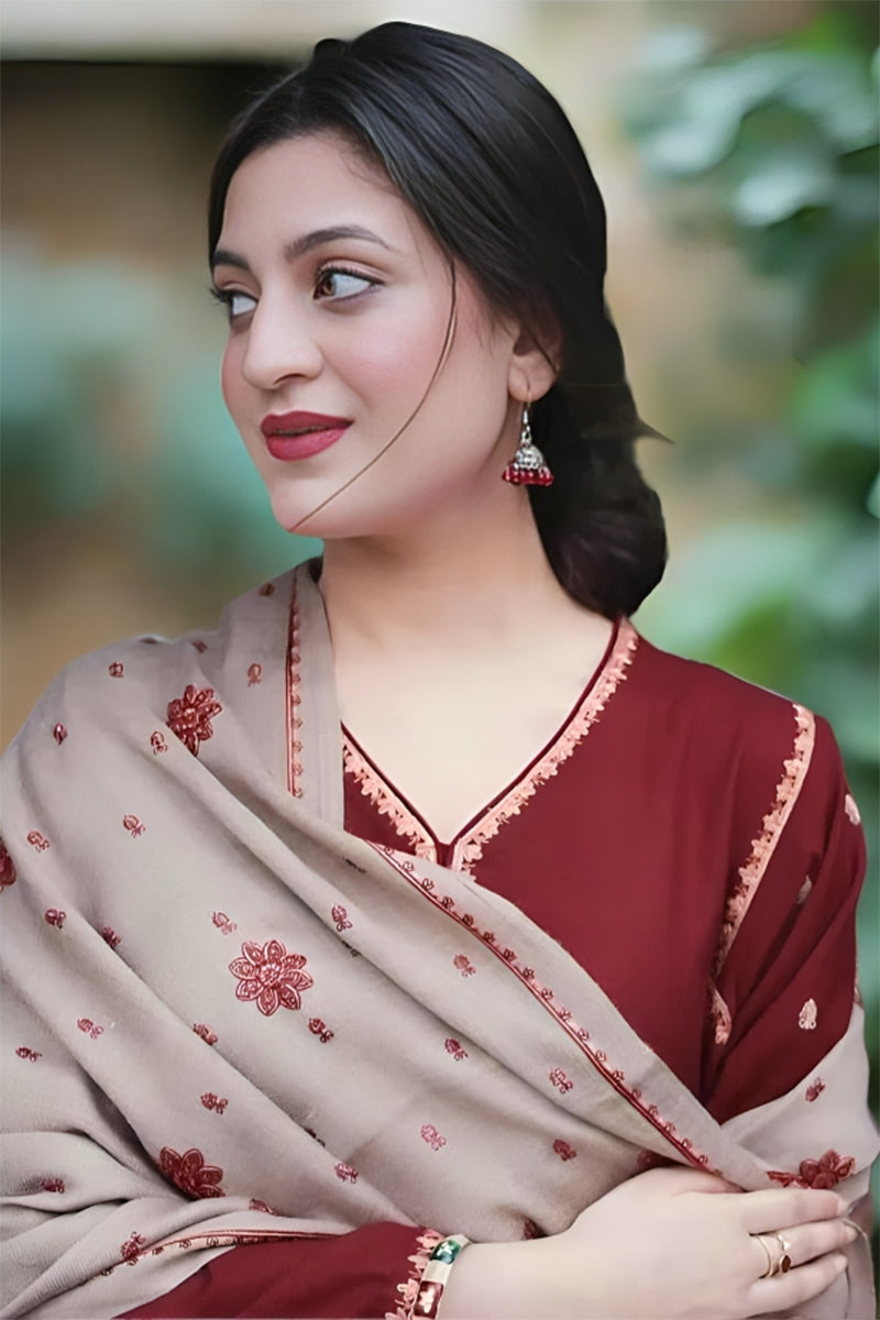 3 Piece Unstitched Embroidered Maroon Dhanak Marina Suit with Shawl-1