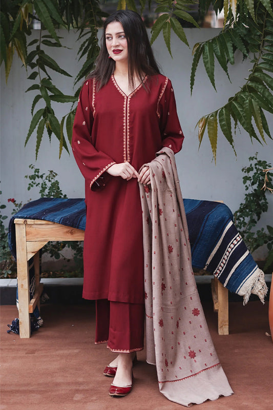 3 Piece Unstitched Embroidered Maroon Dhanak Marina Suit with Shawl-1