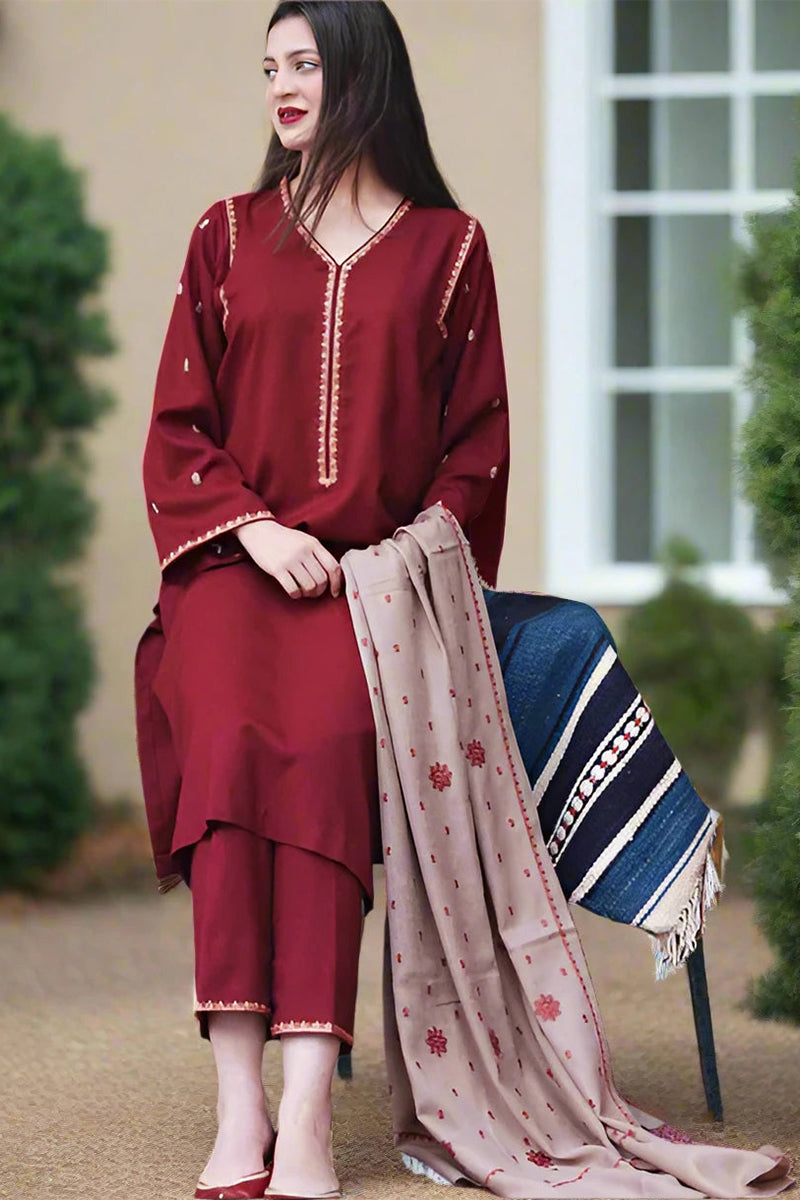 3 Piece Unstitched Embroidered Maroon Dhanak Marina Suit with Shawl-1