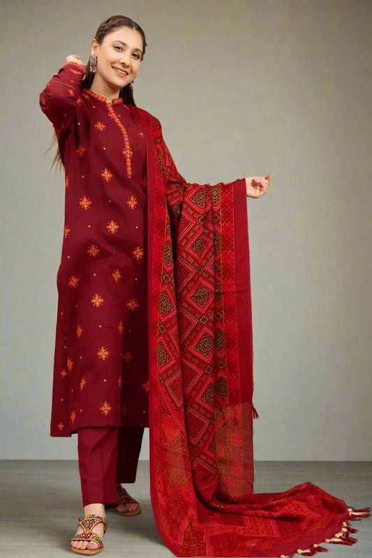 3 Piece Unstitched Embroidered Maroon Dhanak Marina Suit with Shawl-2