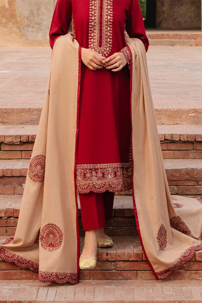 3 Piece Unstitched Embroidered Maroon Dhanak Marina Suit with Shawl-3