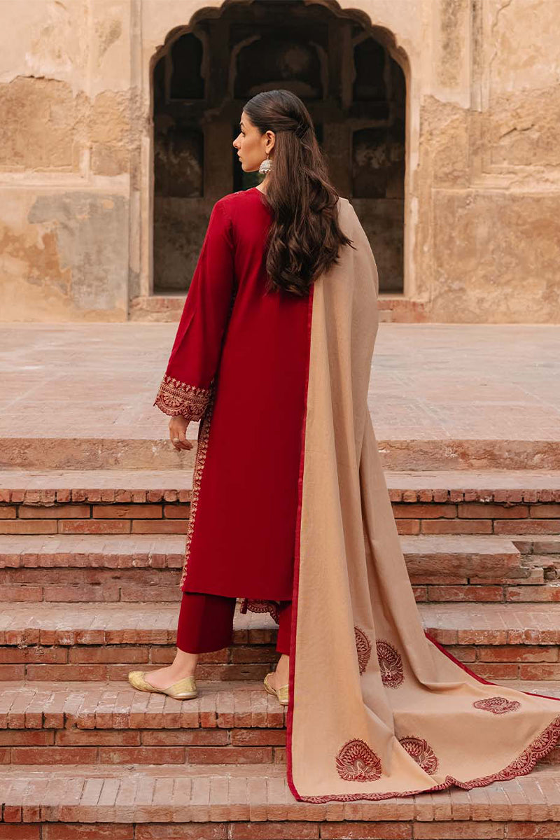 3 Piece Unstitched Embroidered Maroon Dhanak Marina Suit with Shawl-3