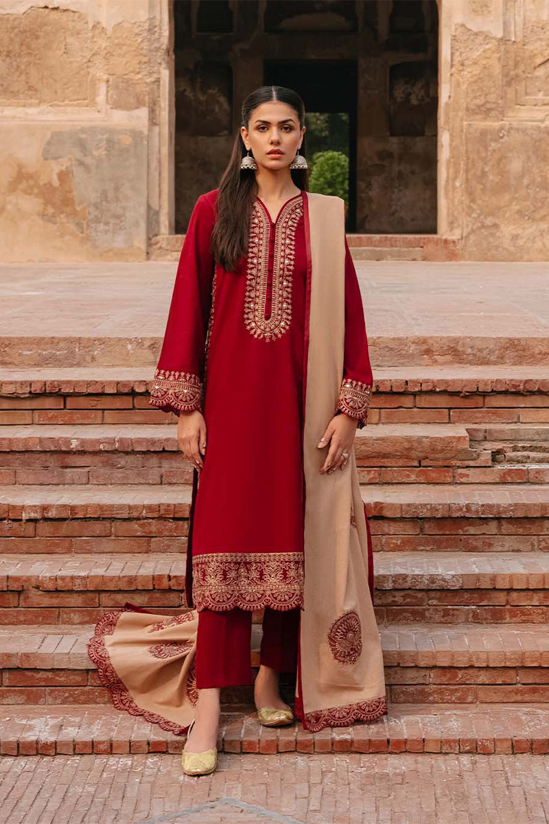 3 Piece Unstitched Embroidered Maroon Dhanak Marina Suit with Shawl-3