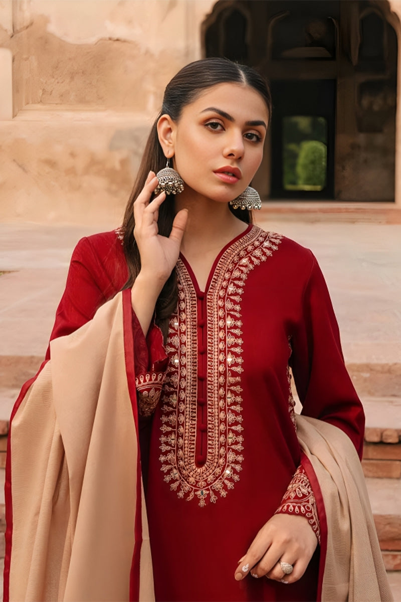 3 Piece Unstitched Embroidered Maroon Dhanak Marina Suit with Shawl-3