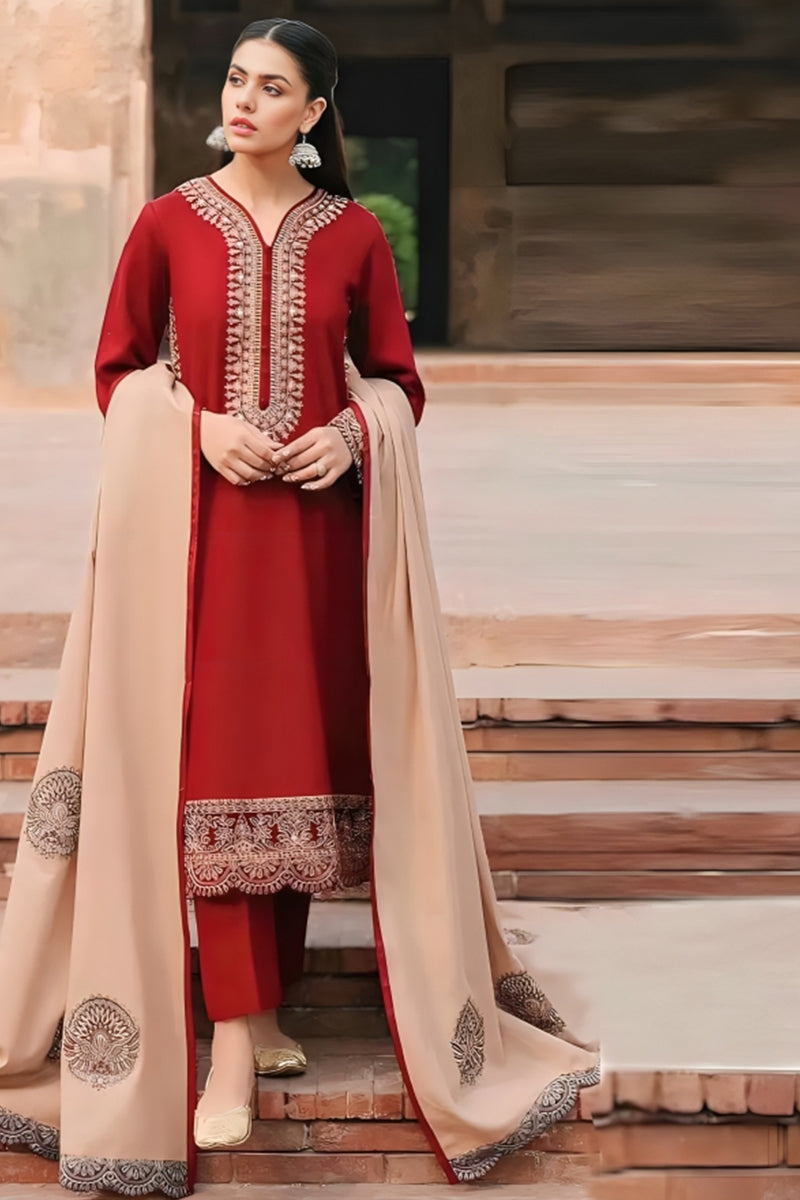 3 Piece Unstitched Embroidered Maroon Dhanak Marina Suit with Shawl-3