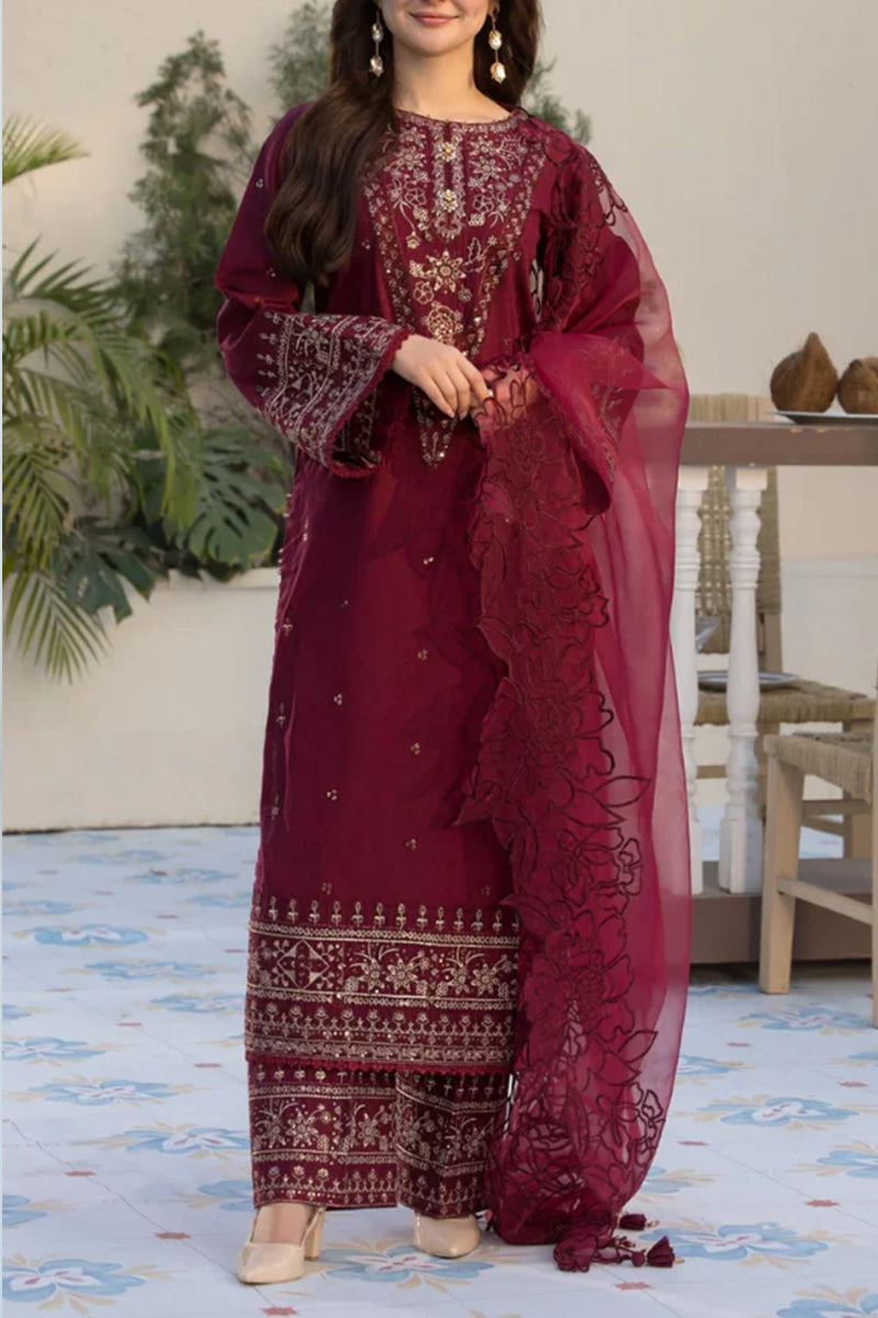 3 Piece Unstitched Embroidered Maroon Lawn Suit-3