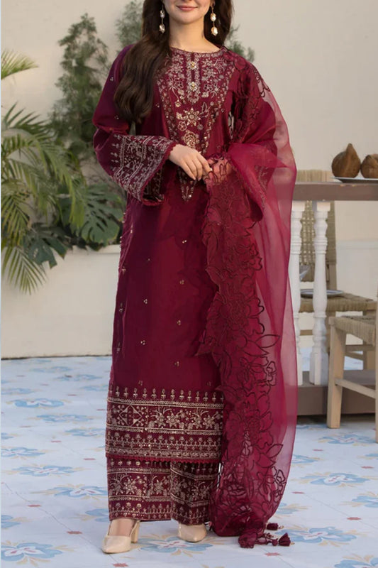 3 Piece Unstitched Embroidered Maroon Lawn Suit-3