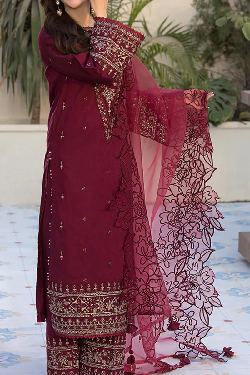 3 Piece Unstitched Embroidered Maroon Lawn Suit-3