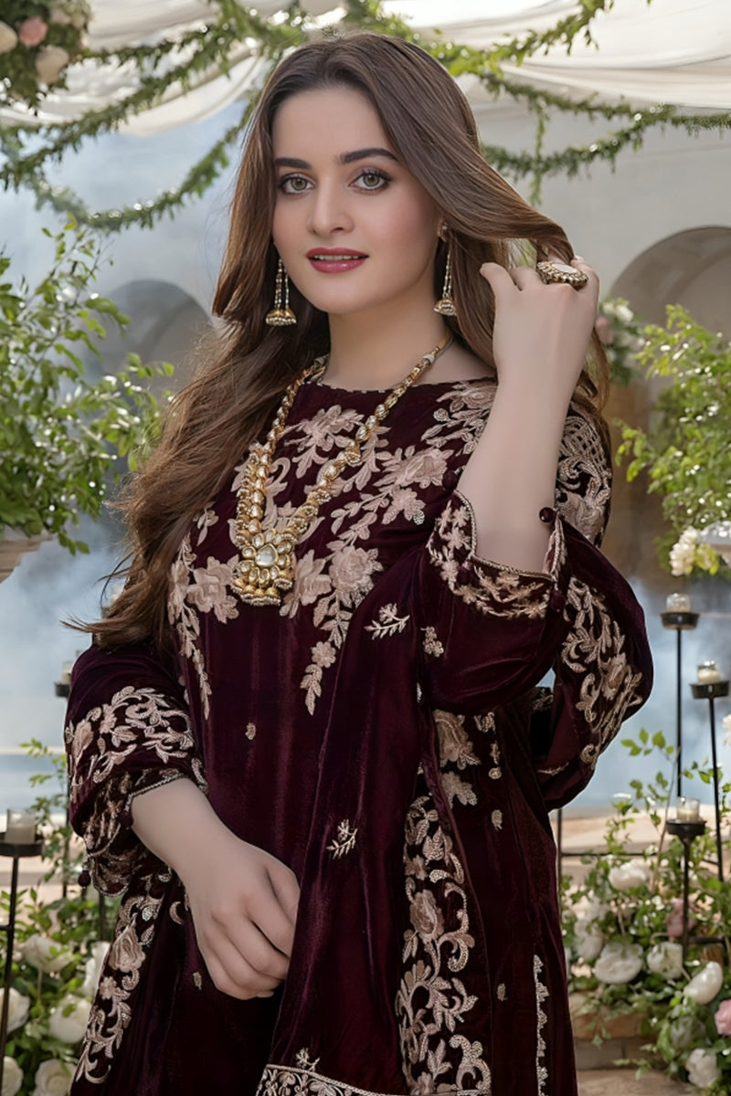 3 Piece Unstitched Embroidered Maroon Velvet Suit with Shawl-1