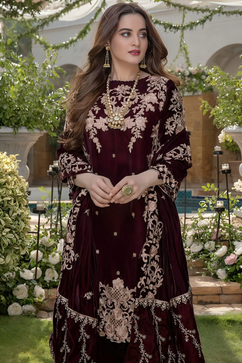 3 Piece Unstitched Embroidered Maroon Velvet Suit with Shawl-1
