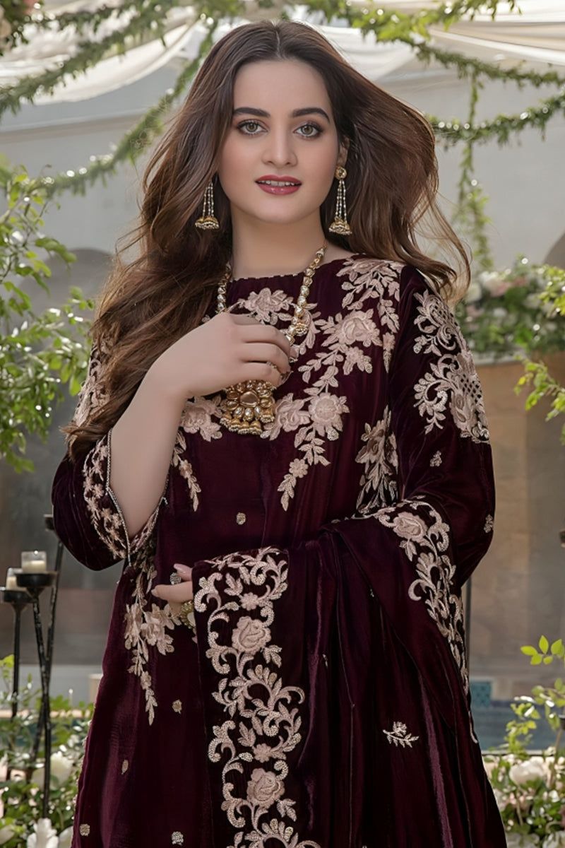 3 Piece Unstitched Embroidered Maroon Velvet Suit with Shawl-1