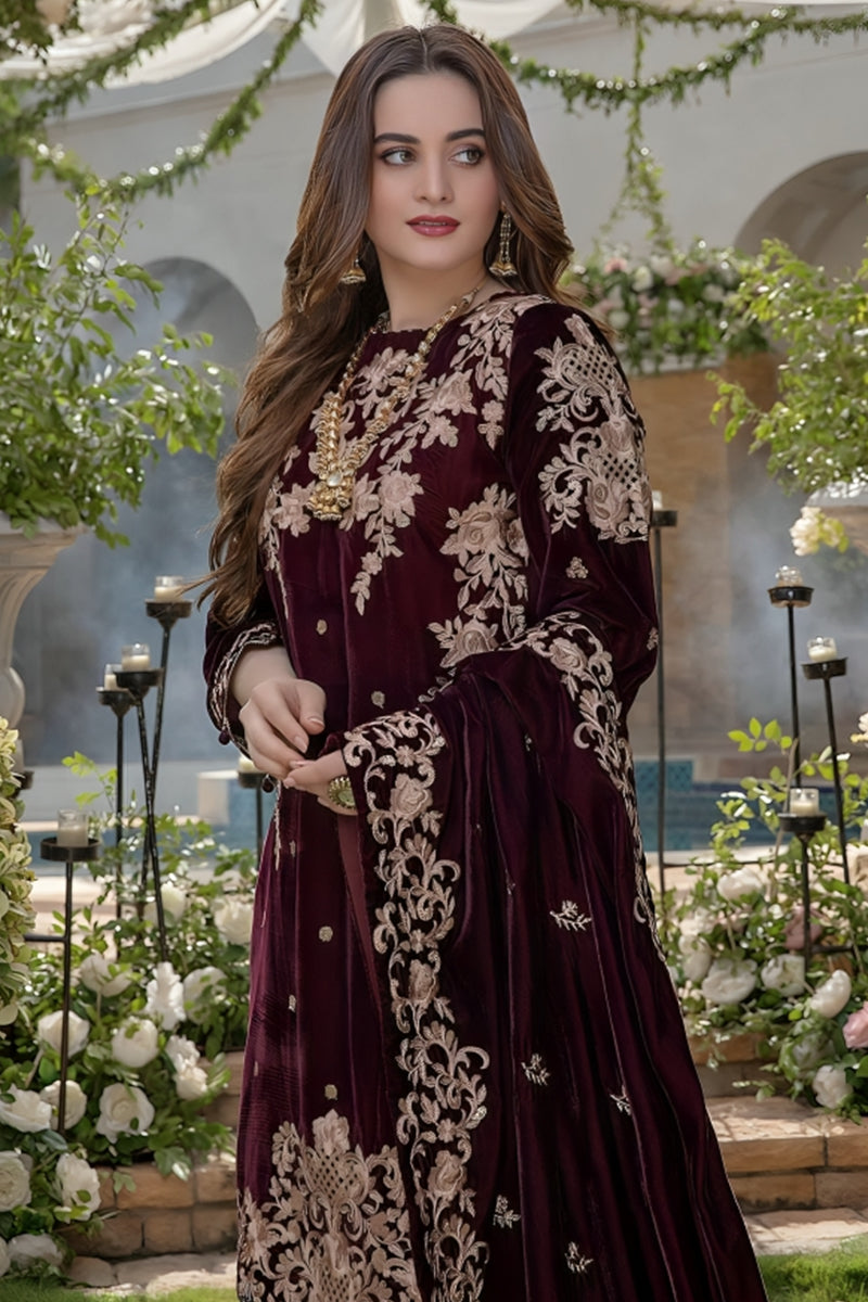 3 Piece Unstitched Embroidered Maroon Velvet Suit with Shawl-1