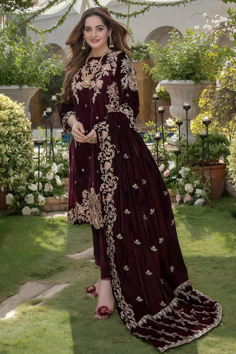 3 Piece Unstitched Embroidered Maroon Velvet Suit with Shawl-1