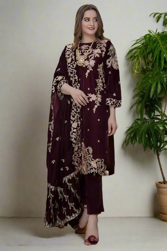 3 Piece Unstitched Embroidered Maroon Velvet Suit with Shawl-1
