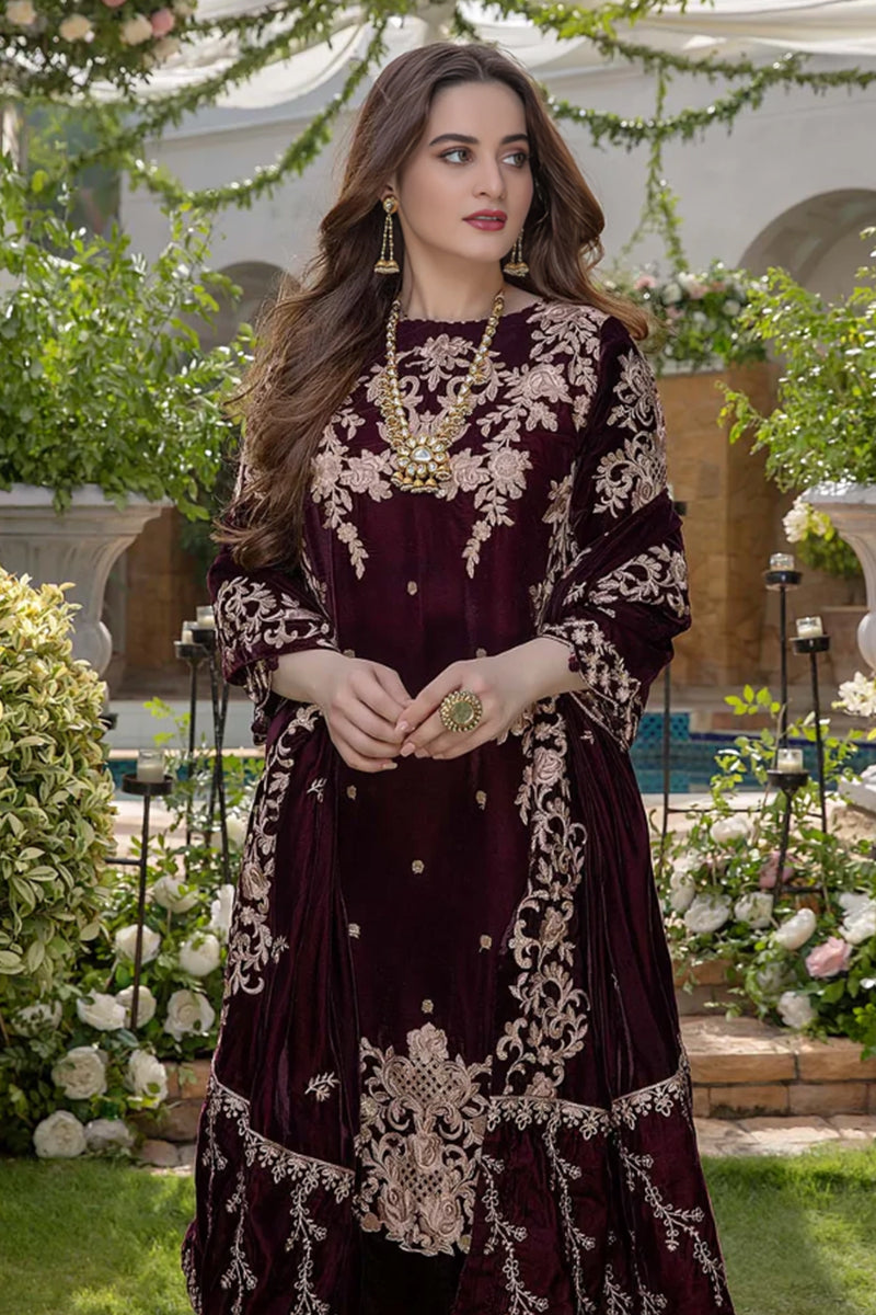 3 Piece Unstitched Embroidered Maroon Velvet Suit with Shawl-1