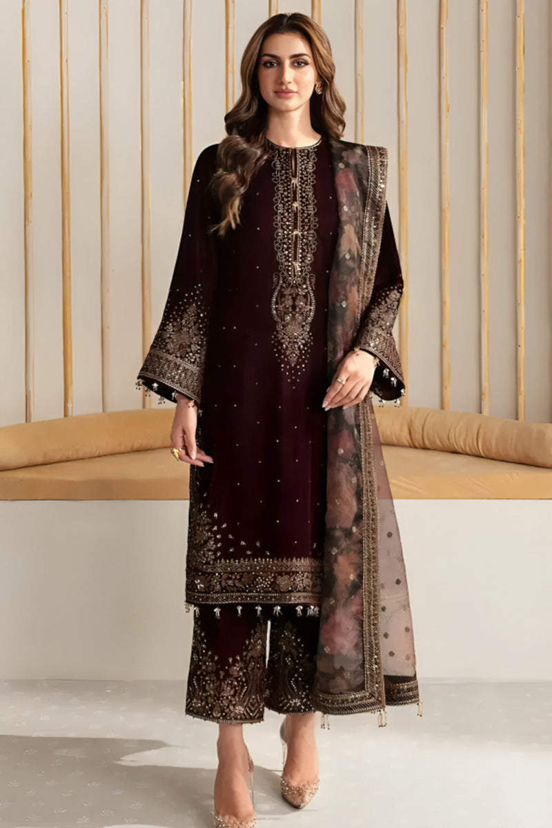 3 Piece Unstitched Embroidered Maroon Velvet Suit with Shawl-2