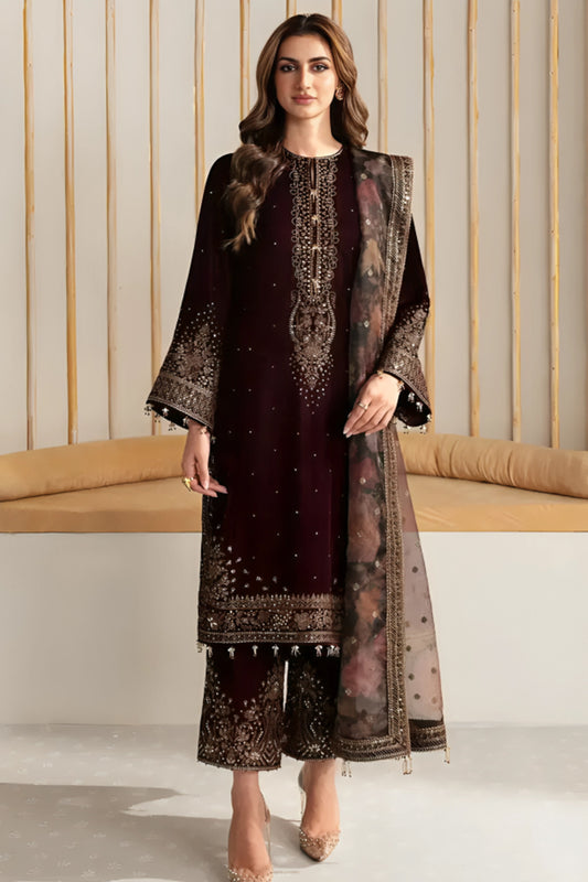 3 Piece Unstitched Embroidered Maroon Velvet Suit with Shawl-2