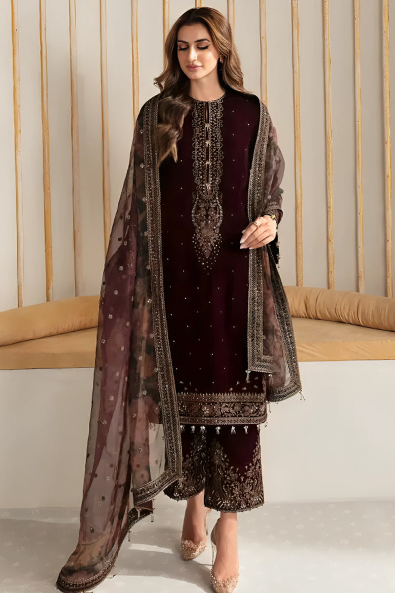 3 Piece Unstitched Embroidered Maroon Velvet Suit with Shawl-2