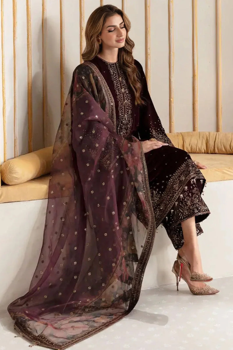 3 Piece Unstitched Embroidered Maroon Velvet Suit with Shawl-2