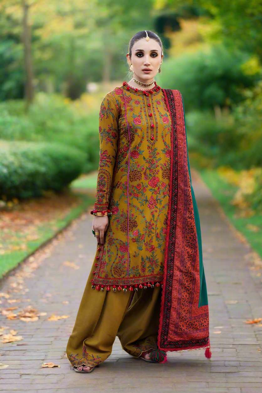 3 Piece Unstitched Embroidered Mustard Dhanak Marina Suit with Shawl-2