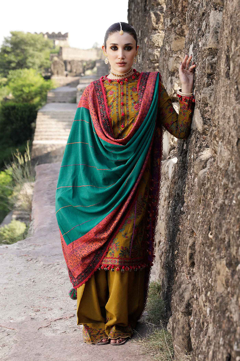3 Piece Unstitched Embroidered Mustard Dhanak Marina Suit with Shawl-2