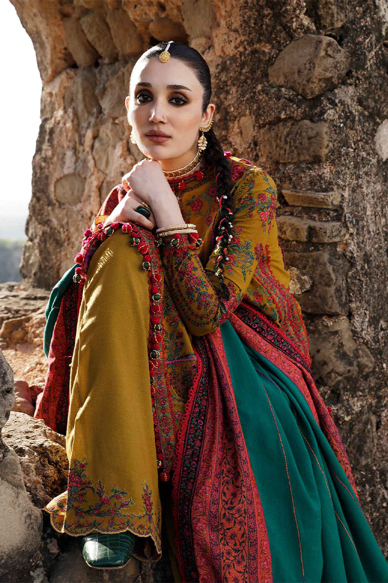 3 Piece Unstitched Embroidered Mustard Dhanak Marina Suit with Shawl-2