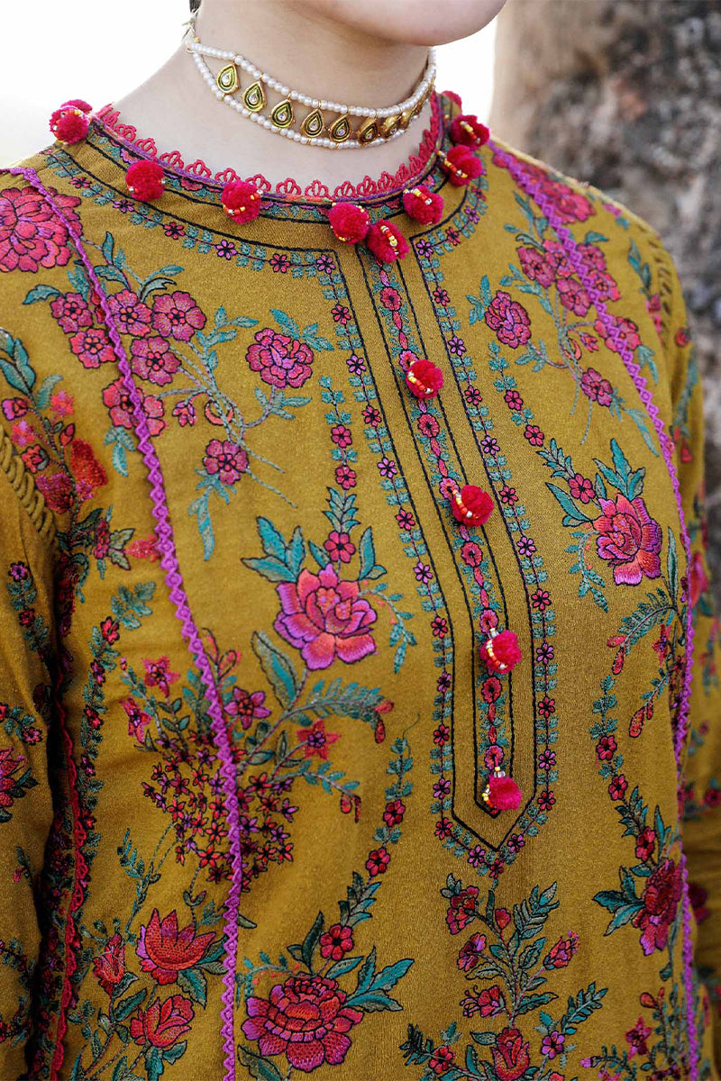 3 Piece Unstitched Embroidered Mustard Dhanak Marina Suit with Shawl-2