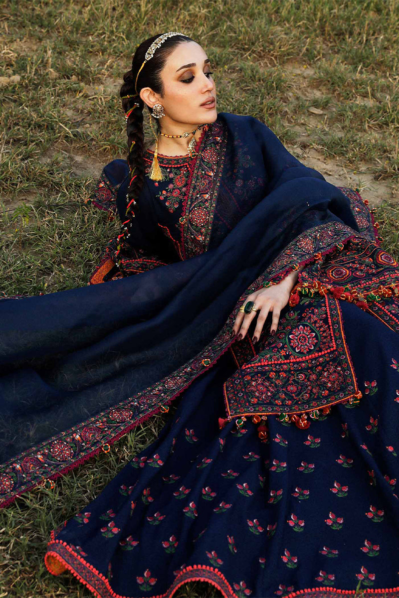 3 Piece Unstitched Embroidered Navy Blue Dhanak Marina Suit with Shawl-1