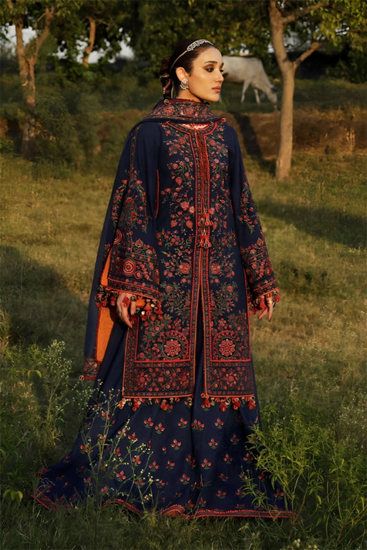 3 Piece Unstitched Embroidered Navy Blue Dhanak Marina Suit with Shawl-1