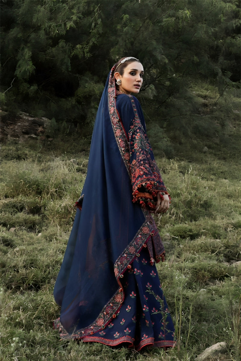 3 Piece Unstitched Embroidered Navy Blue Dhanak Marina Suit with Shawl-1