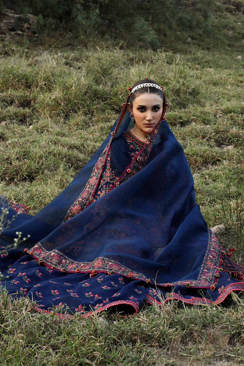 3 Piece Unstitched Embroidered Navy Blue Dhanak Marina Suit with Shawl-1