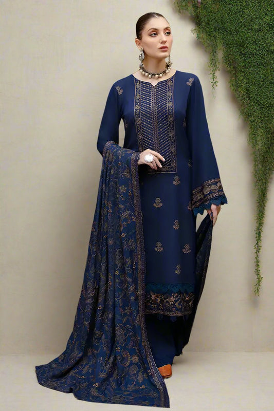 3 Piece Unstitched Embroidered Navy Blue Dhanak Marina Suit with Shawl-2