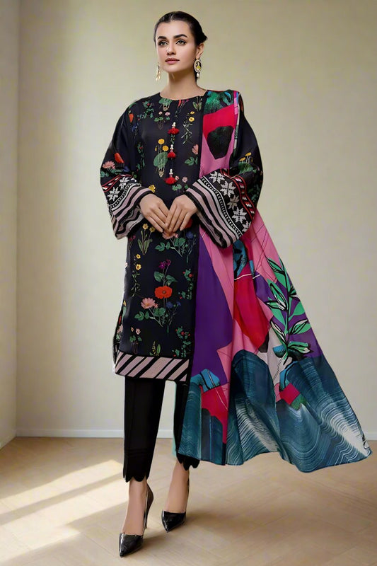 3 Piece Unstitched Embroidered Navy Blue Dhanak Marina Suit with Shawl-6