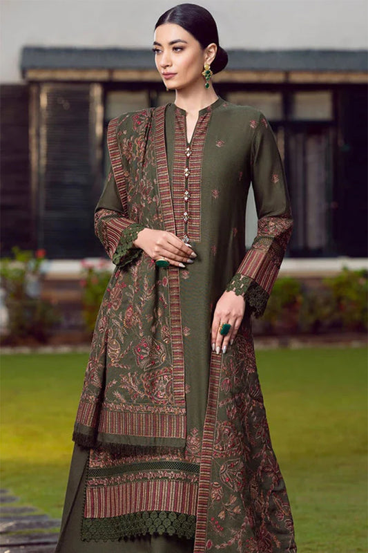 3 Piece Unstitched Embroidered Olive Green Dhanak Marina Suit with Shawl-1