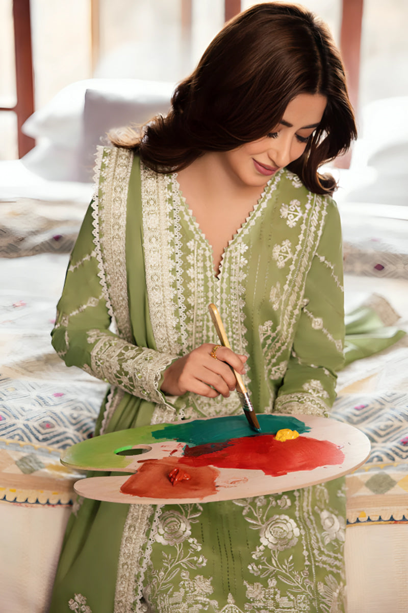 3 Piece Unstitched Embroidered Olive Green Lawn Suit-2