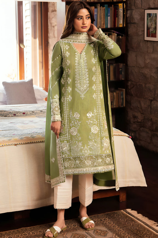 3 Piece Unstitched Embroidered Olive Green Lawn Suit-2